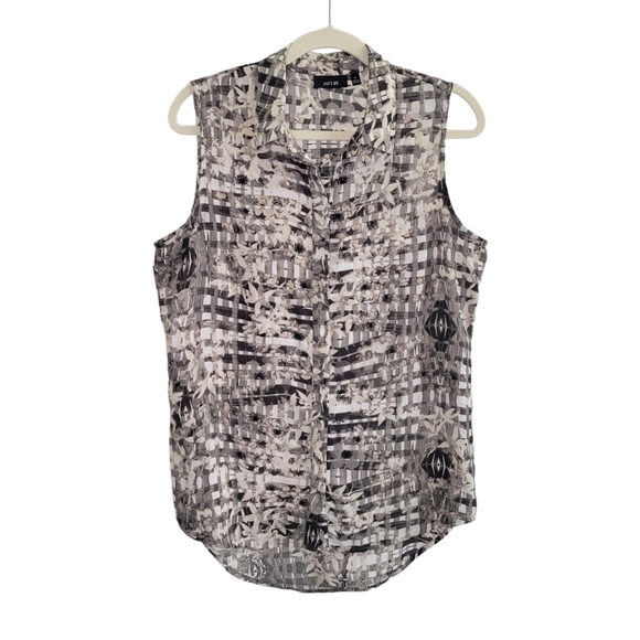 Apt. 9 Sleeveless Button-Up Collared Blouse w/ Back Slit Women's Size M Gray Tan - Picture 1 of 7